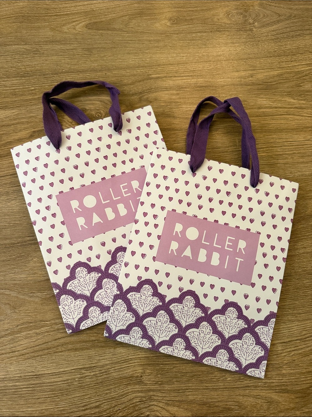 Roller Rabbit Purple Heart Pattern Gift Bags with Ribbon Handles